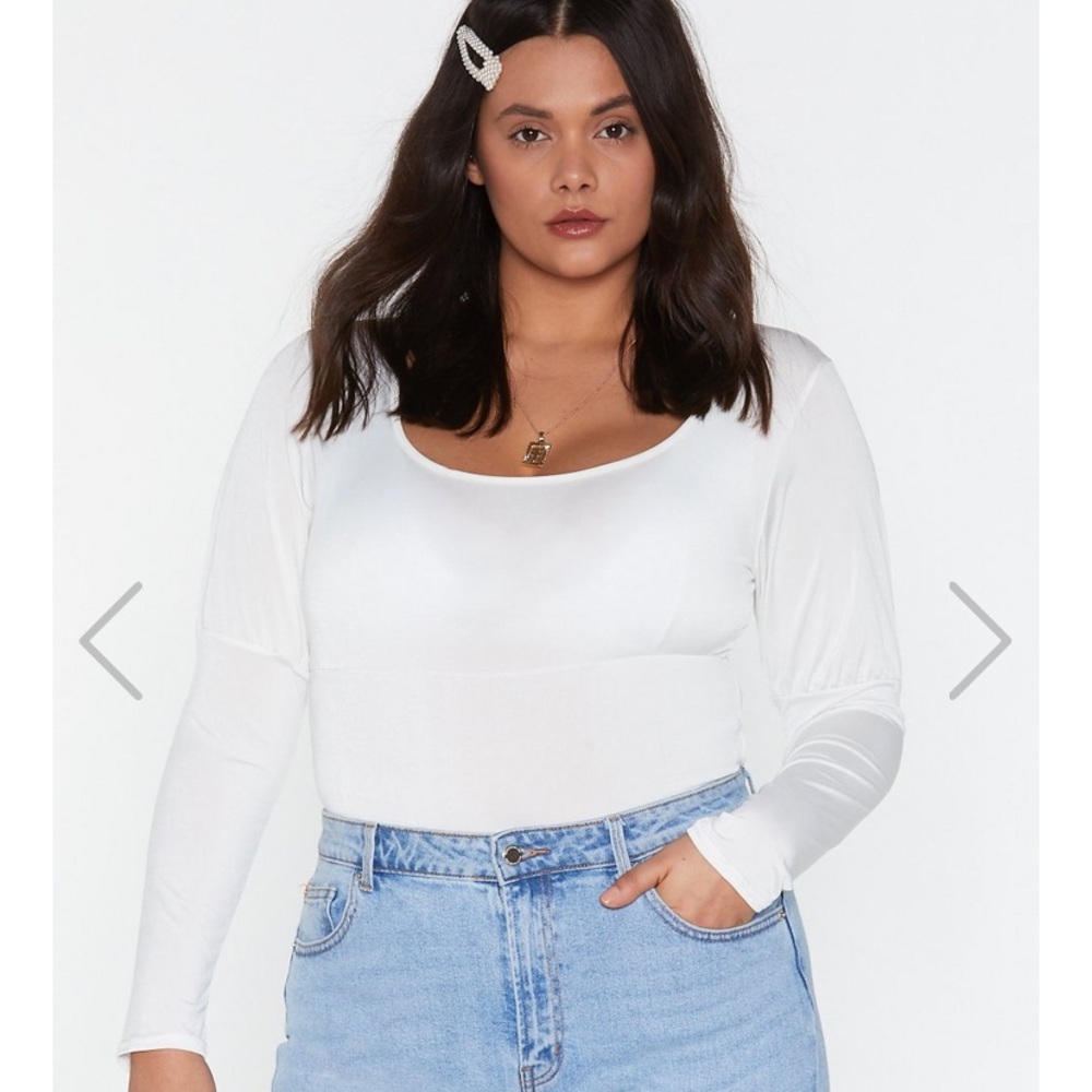 White peasant square neck puff shoulder bodysuit